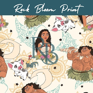 May include: A cream-colored fabric featuring a repeating pattern of cartoon characters, including a woman, a pig, and a man with tattoos. The design also incorporates floral elements, stars, and tribal motifs. The text "Rock Bloom Print" is at the top.