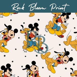 May include: A repeating pattern fabric print titled Rock Bloom Print featuring Mickey Mouse and Pluto on a light cream background with small black stars. The cartoon characters are shown in various playful poses, wearing red shirts and blue pants.