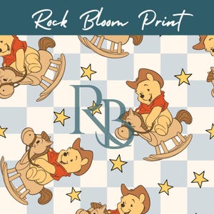 May include: A repeating pattern featuring a cartoon bear wearing a cowboy hat and red shirt riding a rocking horse. The background is a light blue and white checkered pattern with yellow stars and the text "Rock Bloom Print".