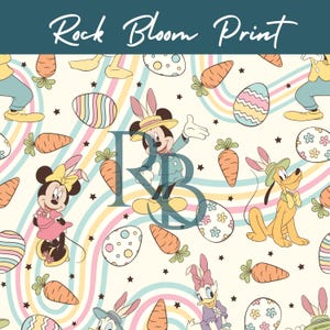 May include: A repeating pattern featuring cartoon characters Mickey Mouse, Minnie Mouse, Pluto, and Daisy Duck, dressed in Easter bunny attire. The design includes carrots, Easter eggs, and pastel rainbow stripes on a cream background. The text "Rock Bloom Print" is at the top.