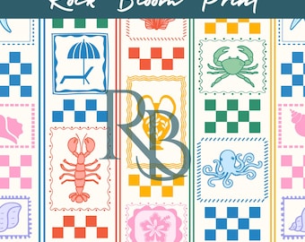 Summer Beach seamless pattern, Frame, Bows, Trendy, Bright, Seashells, patchwork, Girly seamless pattern for commercial use