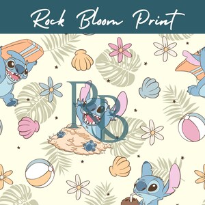 May include: A repeating pattern featuring the character Stitch from Lilo & Stitch, with beach-themed elements. The design includes Stitch with a surfboard, beach balls, seashells, flowers, and palm leaves on a cream background. The text "Rock Bloom Print" is at the top.