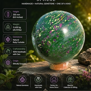 May include: A natural Ruby Fuchsite sphere measuring 203 mm in height and weighing 11.430 kg. The stone features a mottled green surface with embedded magenta-coloured ruby inclusions and golden flecks throughout the polished, rounded form.