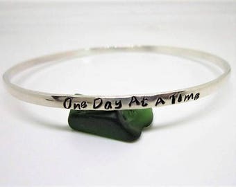 Personalized Sterling Silver or 14K Gold Fill Recovery Bangle, "One Day At A Time"