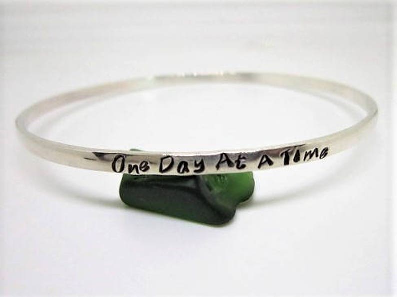 Personalized Sterling Silver or 14K Gold Fill Recovery Bangle, One Day At A Time image 1