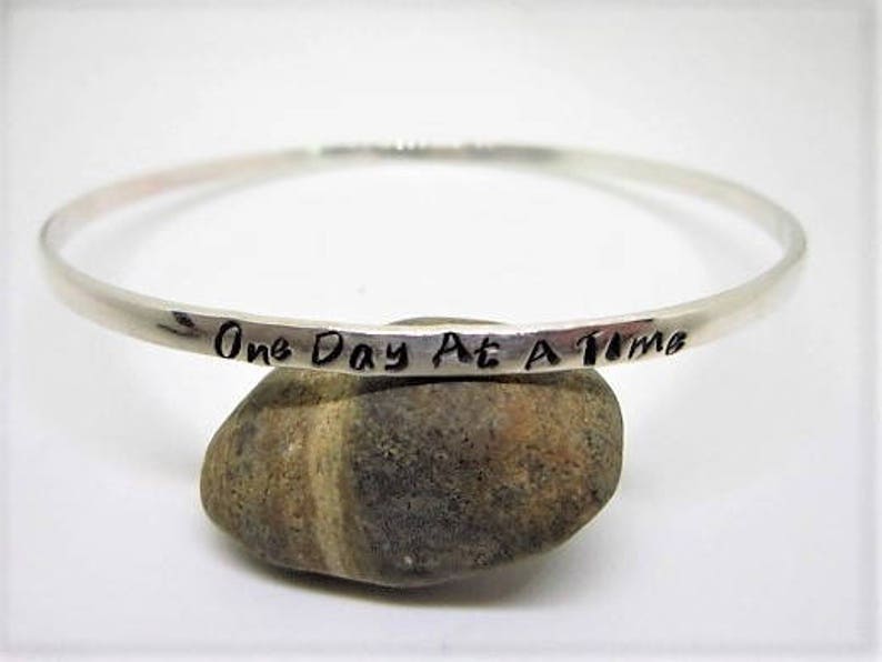 Personalized Sterling Silver or 14K Gold Fill Recovery Bangle, One Day At A Time image 2