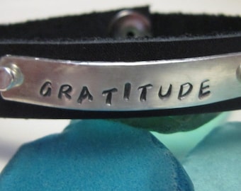 Black LEATHER & Sterling SILVER or Gold Fill "GRATITUDE" Bracelet