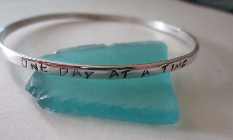 Personalized Sterling Silver or 14K Gold Fill Recovery Bangle, One Day At A Time image 3