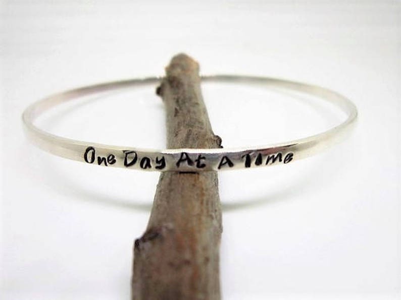 Personalized Sterling Silver or 14K Gold Fill Recovery Bangle, One Day At A Time image 4