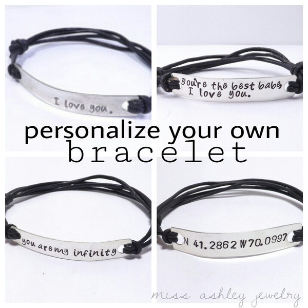 Sterling Silver and Leather Personalized Bracelet for Him, For Guys, For Fathers and Dads- Personalized Jewelry, Name Bracelet Gifts for Him