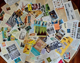 May include: A collage of vintage paper ephemera with various images, including a butterfly, a fern, a bird, and a deer. The paper is in shades of brown, green, blue, and red.
