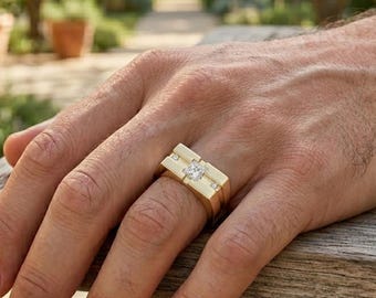 0.22 CT Diamond Geometric Ring for Men, Bezel Set Gold Ring, Modern Statement Ring