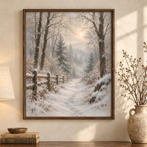 Op de afbeelding: Een ingelijste wandkunstprint met een besneeuwd winterlandschap, een houten hek langs een pad door een bos met besneeuwde bomen onder een zachte, bleke zon. De scène bevat gedempte tinten wit, grijs en bruin in een rechthoekige lijst.