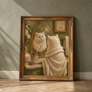 May include: A framed artwork depicts a white cat in a bathroom setting, gazing at its reflection in an oval mirror. The cat is draped in a fluffy white robe. The artwork has a gold ornate frame and a vintage aesthetic.