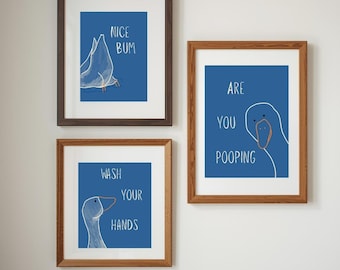 Funny Goose Bathroom Art Set of 3 | Silly Animal Wall Print, Whimsical Bathroom Decor, Digital Download, Housewarming Gift