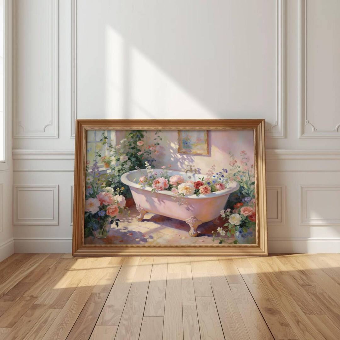 Moody Pink Bathtub Art Print | Floral Impressionist Bathroom Wall Decor ...