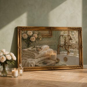 Peut inclure: Peinture encadrée d'une scène de salle de bain avec un cadre doré orné. La peinture représente une pile de serviettes blanches, une bougie allumée et un robinet doré. Un vase de roses blanches et une bougie allumée sont devant.