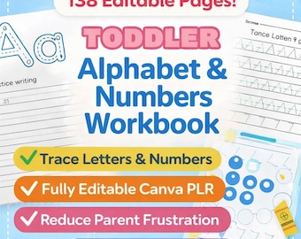 Kleinkind Alphabet & Zahlen Arbeitsheft | Bearbeitbares Canva PLR (138 Seiten) (Digitaler Download)