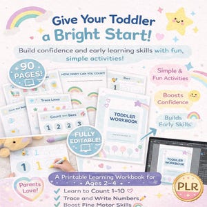 May include: A printable toddler workbook with the text "Give Your Toddler a Bright Start!" and "Toddler Workbook." The workbook includes pages for counting, tracing, and writing numbers. The image also shows a computer screen displaying the workbook.