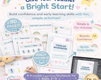Cuaderno de ejercicios para niños pequeños (PLR) / Editable en Canva / Cuaderno de aprendizaje imprimible de 90 páginas / De 2 a 4 años / Conteo, trazado y matemáticas básicas / Listo para usar