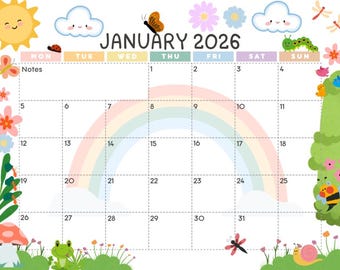 Calendario infantil 2026 (PLR) / Planificador mensual imprimible, editable en Canva (descarga digital)