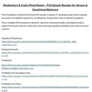 Puede incluir: Anuncio de producto digital para un paquete de libros electr&oacute;nicos titulado "Meditation & Calm Mind Reset" para el estr&eacute;s y el equilibrio emocional. El anuncio incluye 11 libros electr&oacute;nicos centrados en la meditaci&oacute;n, la atenci&oacute;n plena y el alivio del estr&eacute;s.