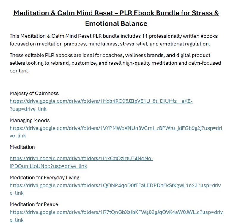 Puede incluir: Anuncio de producto digital para un paquete de libros electr&oacute;nicos titulado "Meditation & Calm Mind Reset" para el estr&eacute;s y el equilibrio emocional. El anuncio incluye 11 libros electr&oacute;nicos centrados en la meditaci&oacute;n, la atenci&oacute;n plena y el alivio del estr&eacute;s.