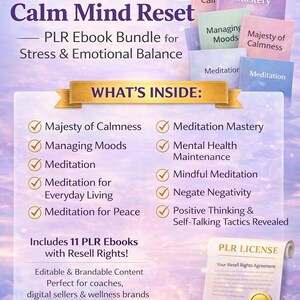 Puede incluir: Un paquete de libros electr&oacute;nicos titulado "Meditation & Calm Mind Reset" con 11 libros electr&oacute;nicos PLR. La imagen incluye portadas de libros con t&iacute;tulos como "Meditation Mastery" y "Managing Moods". El paquete es para el estr&eacute;s y el equilibrio emocional.