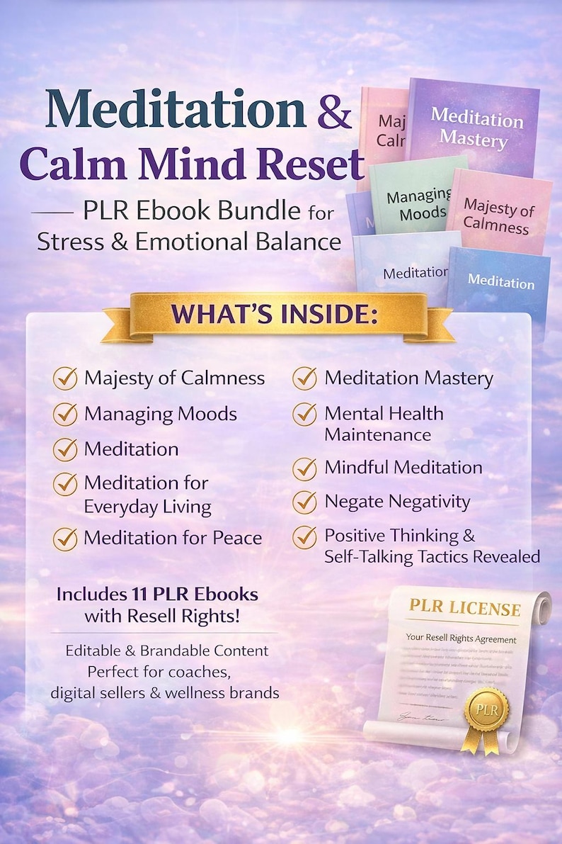 Puede incluir: Un paquete de libros electr&oacute;nicos titulado "Meditation & Calm Mind Reset" con 11 libros electr&oacute;nicos PLR. La imagen incluye portadas de libros con t&iacute;tulos como "Meditation Mastery" y "Managing Moods". El paquete es para el estr&eacute;s y el equilibrio emocional.