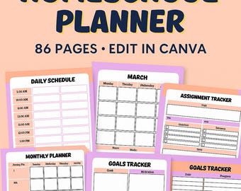 Editable, customizable Homeschool Planner Canva | 86-Page Printable Homeschool Organizer | Lesson Plans, Attendance, Report Cards