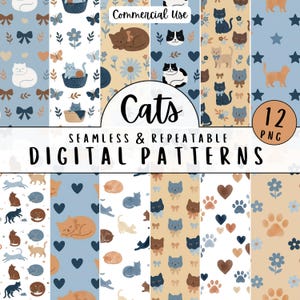 May include: A collection of 12 seamless digital patterns featuring cats, hearts, flowers, bows, and stars in blue, beige, and white. The image includes the text Commercial Use, Cats, and 12 PNG, Seamless & Repeatable Digital Patterns.