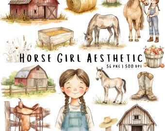 May include: Watercolor illustration with a farm theme. Includes a barn, hay bale, horse, girl, saddle, boots, and other farm elements. The text "HORSE GIRL AESTHETIC" is displayed in the center of the image.