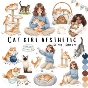 Peut inclure: Illustration à l'aquarelle sur le thème des chats et des filles. L'image comprend un arbre à chat, un chat dans un panier et des filles tenant des chats. Le texte "CAT GIRL AESTHETIC" est affiché en noir. Palette de couleurs douces.