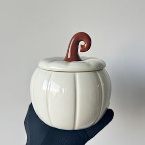 Può includere: Un barattolo in ceramica bianco sporco lucido a forma di zucca con coperchio rimovibile. Il coperchio presenta un manico a forma di gambo marrone scuro, liscio e curvo. Il corpo del barattolo presenta rientranze verticali che imitano le coste.