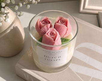 Handgefertigte Duftkerze aus Sojawachs mit Tulpen, dekorative Tulpenkerze, Geschenkidee für die Wohnung, Holländische Tulpen