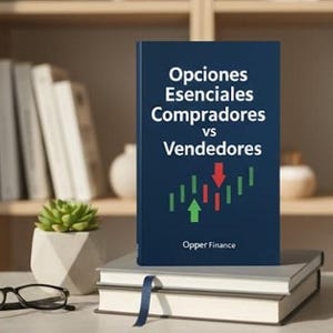 May include: A book titled "Opciones Esenciales Compradores vs Vendedores" with a dark blue cover, stacked on top of two other books. The cover features a stock chart graphic with green and red arrows. The book is in Spanish and is from Opper Finance.