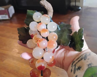 Beautiful Vintage Carnelian Agate  Grapes With Jade Leaves
