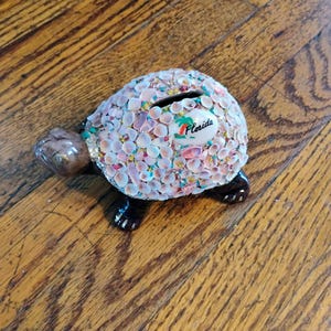 May include: A turtle-shaped coin bank covered in small pink and white seashells with turquoise accents. The shell features a white oval plaque with the text Florida and a palm tree graphic. The head and legs are dark brown with a smooth finish.