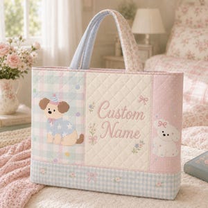 Personalized Sleepy Puppy Quilted Tote Bag, Cute Pastel Dog Cloud Bow Custom Name Shoulder Bag
