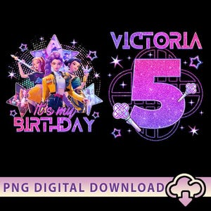 Può includere: Design digitale di compleanno con personaggi animati, la scritta "It's my BIRTHDAY", il nome "VICTORIA" e il numero "5". Il design utilizza rosa, viola e giallo, con stelle e bacchette. Sfondo nero.
