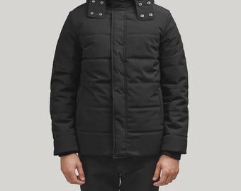 Chaqueta acolchada negra con capucha para hombre – Parka de invierno acolchada y aislante