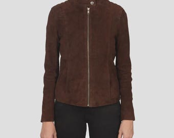 Giacca da motociclista in pelle scamosciata di capra marrone / Cappotto da motociclista slim fit da donna