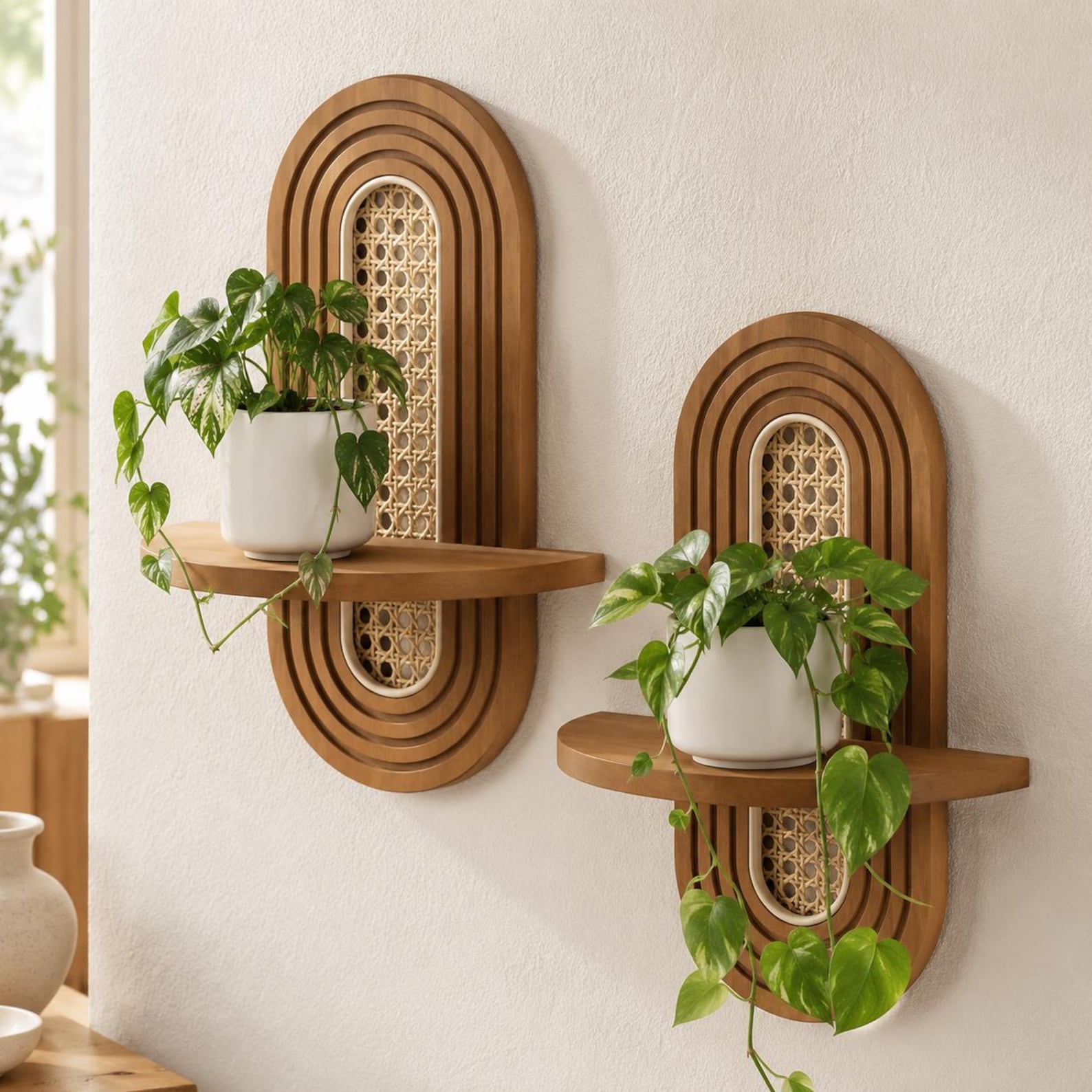 Set of 2 Boho Wooden Shelves with Rattan Accent | Floating Plant Decor