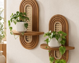 Set of 2 Boho Wooden Shelves with Rattan Accent | Floating Plant Decor