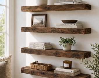 Set of 4 or 8 Walnut Rustic Brown Floating Shelves, Farmhouse Wall Storage Organizer