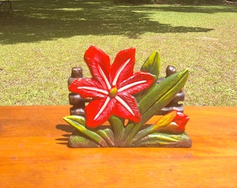 Vintage Cast Iron Hand-Painted Rustic Farmhouse Napkin Holder, Red/Green Flower and Fence