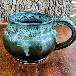 Vintage MCM Signed Studio Pottery Potbelly Cabin Mug, Hand Thrown, Earthy Green Drip Glaze