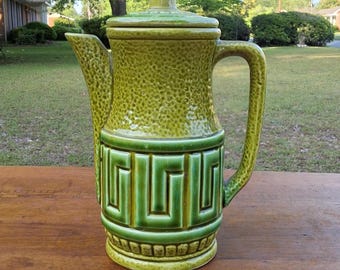 ヴィンテージ ロイヤルシーリー グリーンセラミック蓋付きティーポット、ギリシャキーパターン、日本製