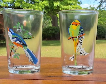 Vintage Set of 4 KIG Malaysia Tropical Bird Handpainted 6-oz Juice Glasses