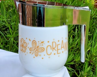 Vintage Butterfly Gold Gemco Creamer, Milk Glass Body & Chrome Lid